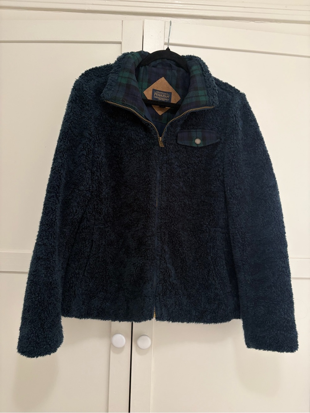 Pendleton Navy Plush Sherpa Zip Jacket with Plaid Trim sz M